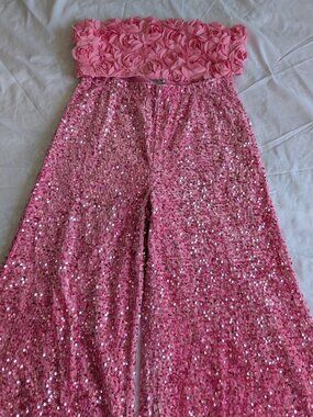 NOYIVA stretchy Pink Flower crop top & sequinned wide leg pants. XXL